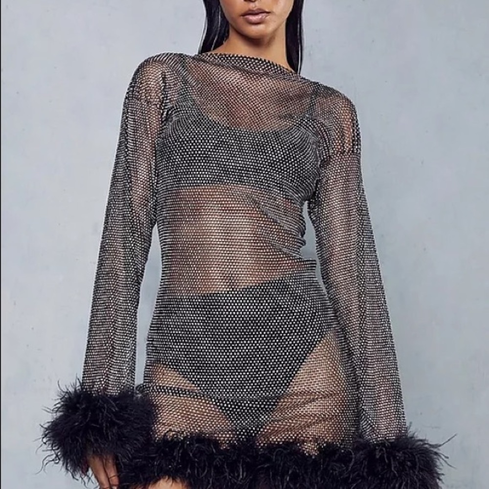 See through fishnet diamanté dress with feather trim